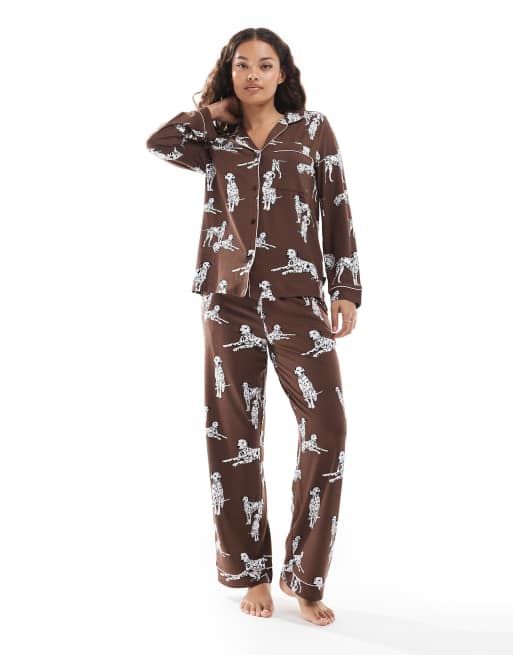 Chelsea Peers Exclusive Petite dalmatian long sleeve revere shirt & pants pyjama set in chocolate brown