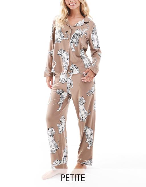 Chelsea Peers Exclusive Petite poly tiger print button short sleeve top and pants pyjama set in chocolate brown