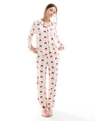 Exclusive poly red bow print PJs in cream-White