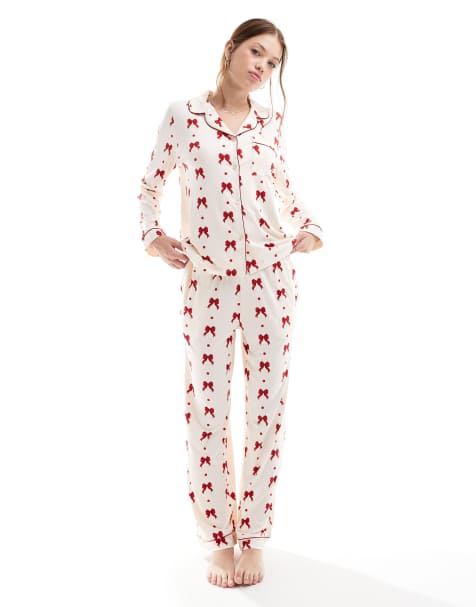 Chelsea Peers Exclusive poly red bow print PJs in cream - view 1