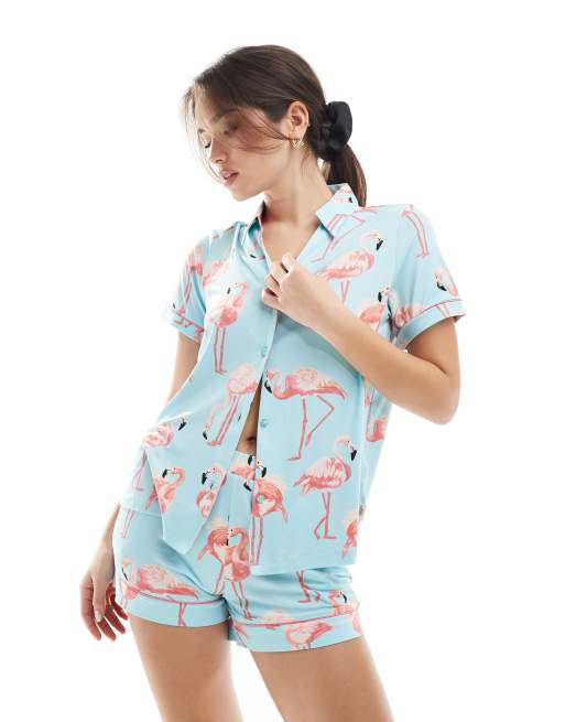 Chelsea Peers exclusive poly short sleeve revere and short set in flamingo print