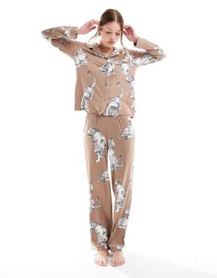 Exclusive poly tiger print button long sleeve top and pants pajama set in chocolate brown