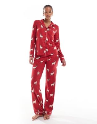 Chelsea Peers Exclusive Tall Christmas His & Hers long sleeve camp collar shirt and pants pajama set in reindeer print-Red