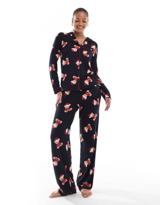 Chelsea Peers Exclusive Tall Christmas teddy print long sleeve camp collar shirt and pants pajama set in navy