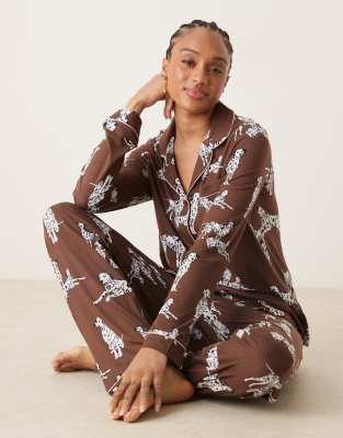 Chelsea Peers Exclusive Tall Dalmatian long sleeve camp collar shirt & pants pajama set in chocolate brown