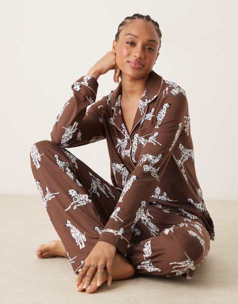 Chelsea Peers Exclusive Tall Dalmation long sleeve revere & trouser pyjama set in chocolate brown - view 1