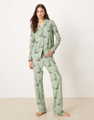Chelsea Peers Exclusive Tall long sleeve revere & pant pajama set in sage green giraffe print