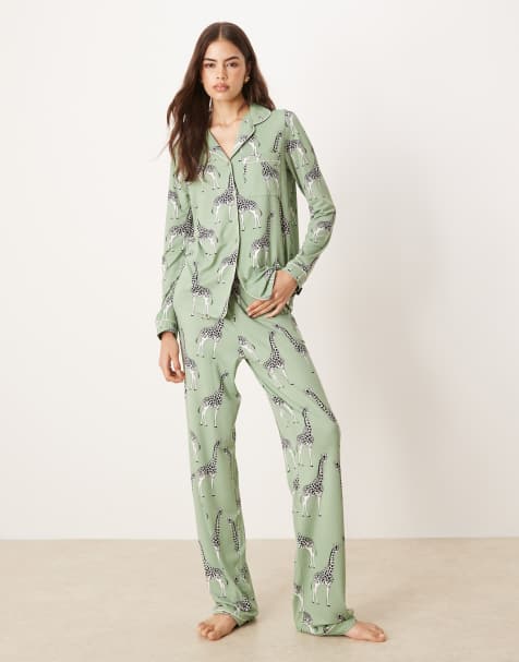 Chelsea Peers Exclusive Tall long sleeve revere & pant pajama set in sage green giraffe print - view 1