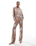 Chelsea Peers Exclusive Tall poly tiger print button long sleeve top and pants pyjama set in chocolate brown