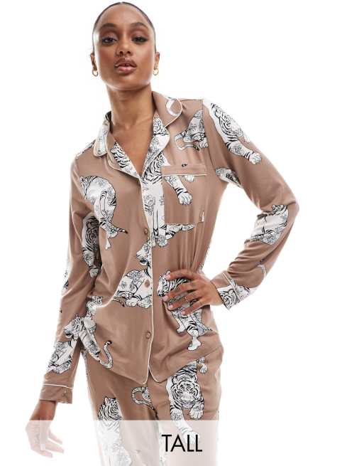 Chelsea Peers Exclusive Tall poly tiger print button long sleeve top and pants pyjama set in chocolate brown