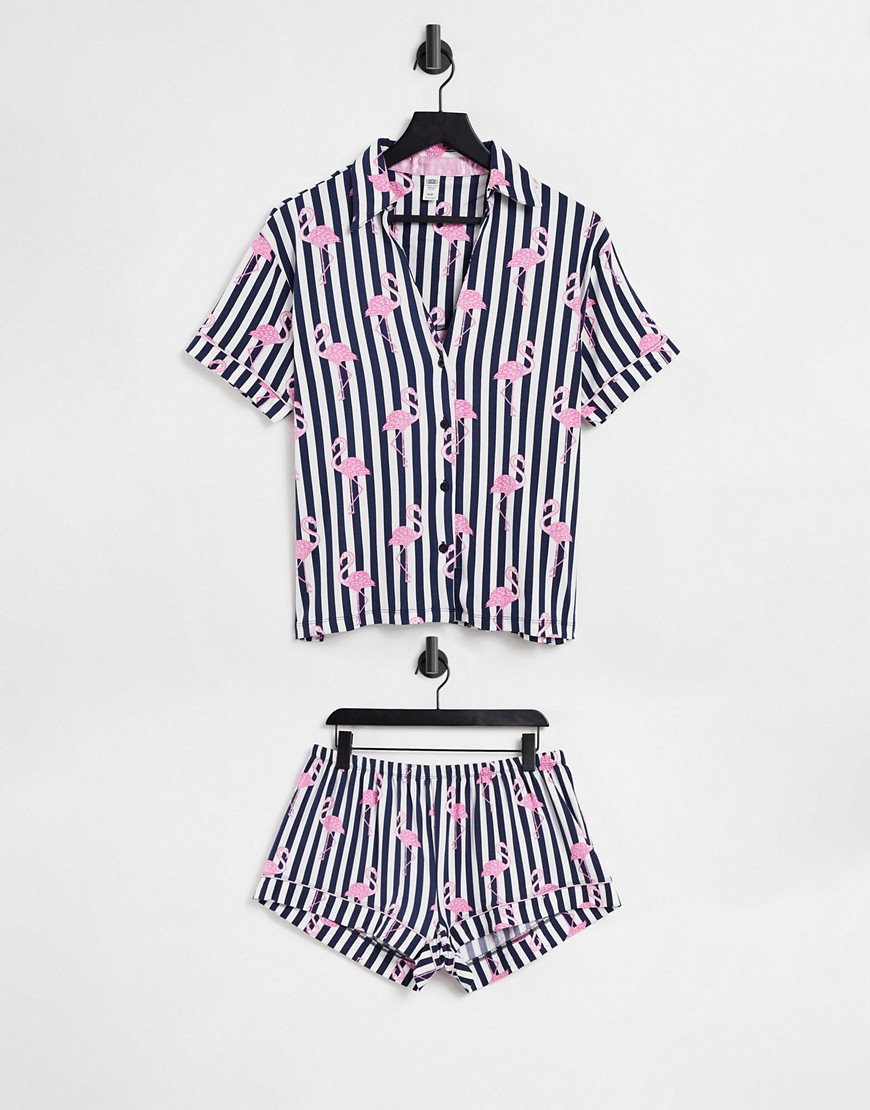 Chelsea Peers flamingo and stripe print shirt and shorts pajama set in black and white-Multi