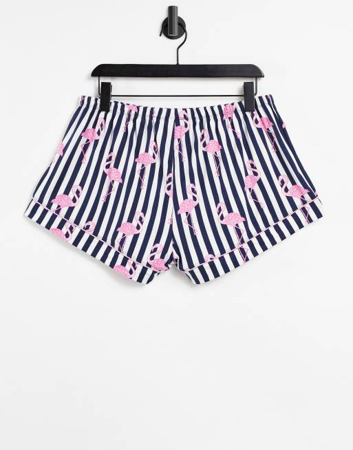 Chelsea Peers flamingo and stripe print shirt and shorts pajama set in black and white