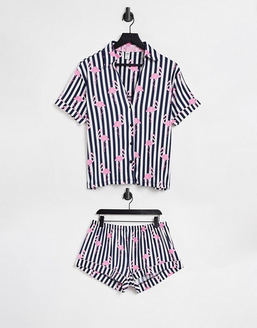Chelsea Peers flamingo and stripe print shirt and shorts pyjama set in black and white