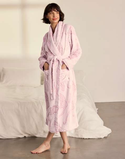 Chelsea Peers Fleece burnout lino cut leopard print long dressing gown in pink - view 1