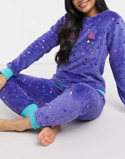 Chelsea Peers unicorn rainbow long pajama set in blue