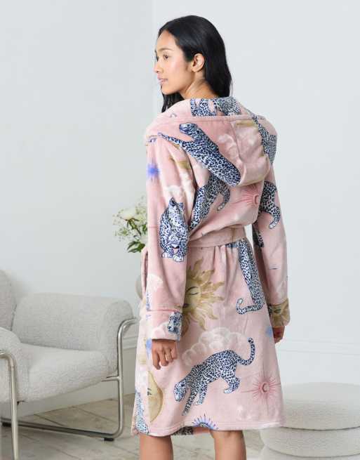 pink animal print dressing gown Pink Leopard Silk Kimono Robe: Floral Trim Long Dressing Gown