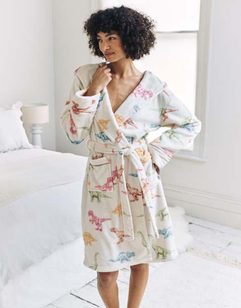 Chelsea Peers Fleece dinosaur print dressing gown in off white - view 1