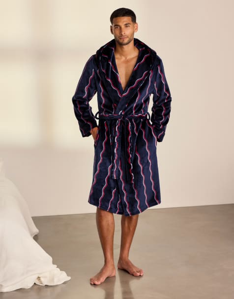 Chelsea Peers Fleece ripple stripe hooded dressing gown in navy - view 1