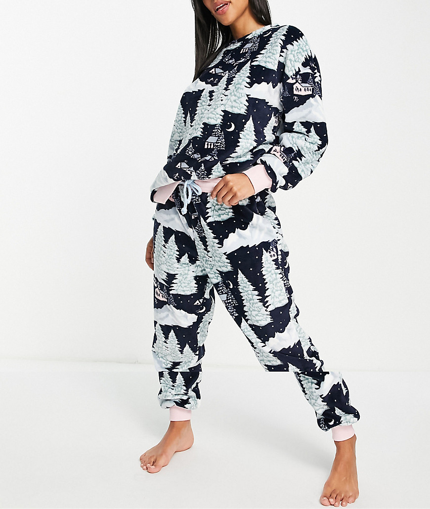 Chelsea Peers fluffy pajama set in snowy mountain print-Navy