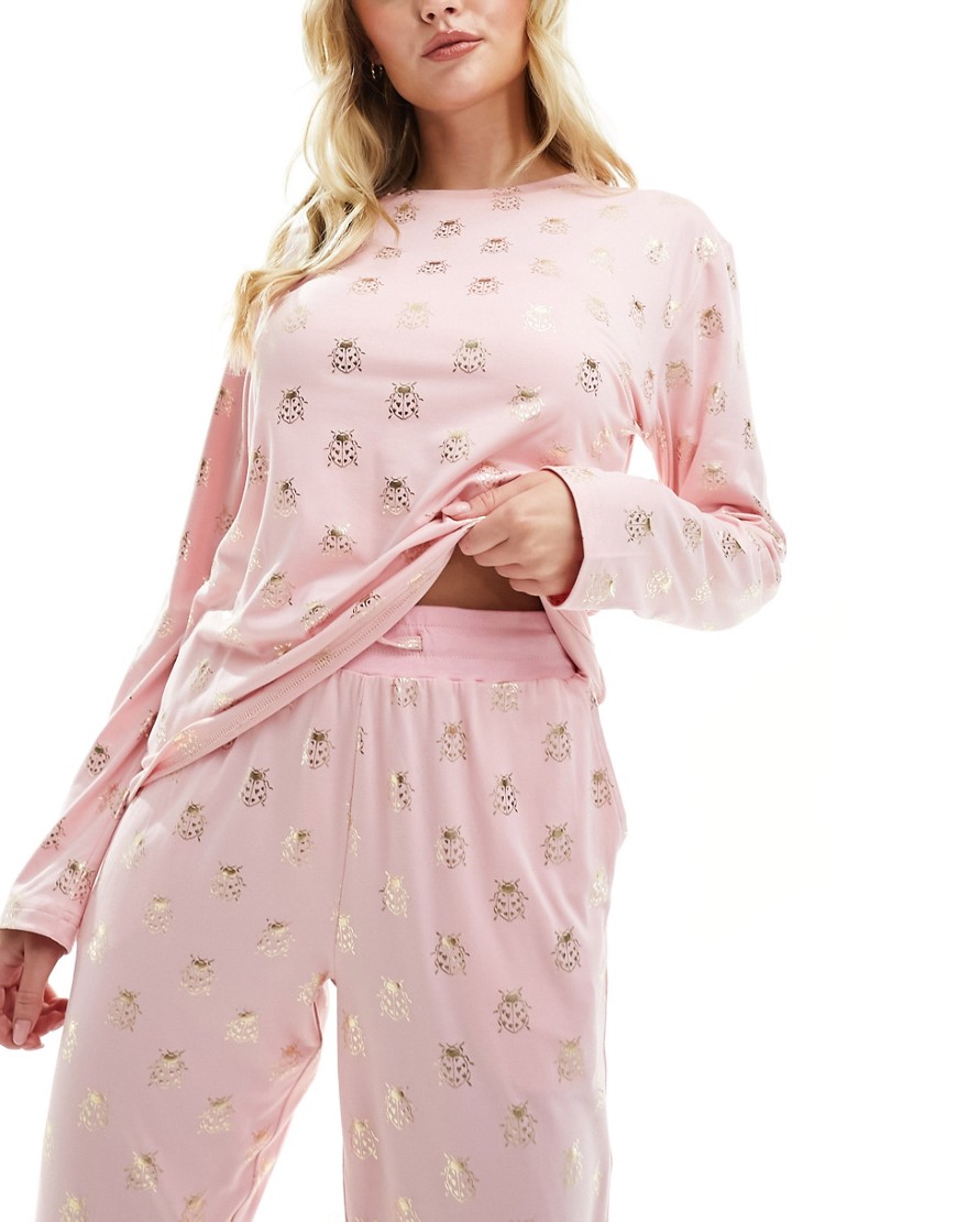Chelsea Peers foil long pyjama set in pink ladybug print-Red