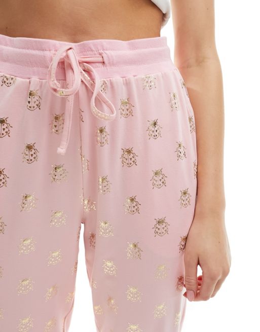 Loungeable Pink Super Soft Ribbed Trouser Pyjama Set with Star Print