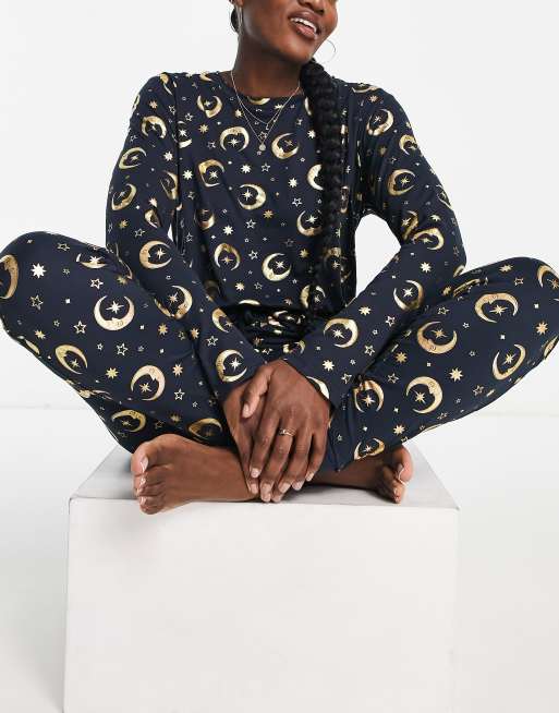 Chelsea Peers foil moon and star long pajama set in navy ASOS