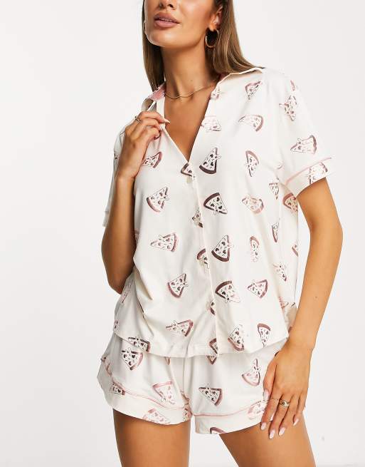 Chelsea Peers foil pizza short button up pyjama set in cream