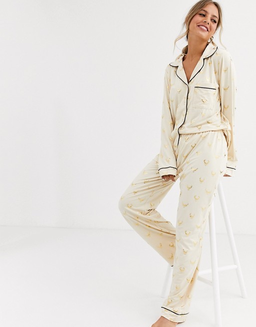 Chelsea Peers foil stag printed revere pyjama set