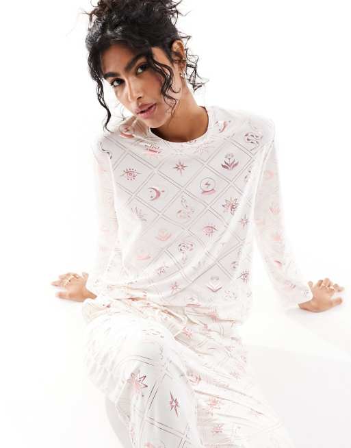 Chelsea Peers foil tile long pyjama set in cream and rose gold