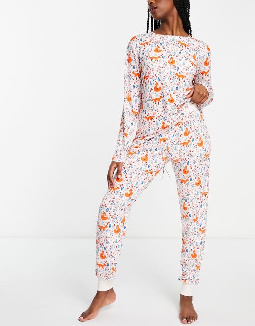 Chelsea Peers foxy floral long pajama set in cream