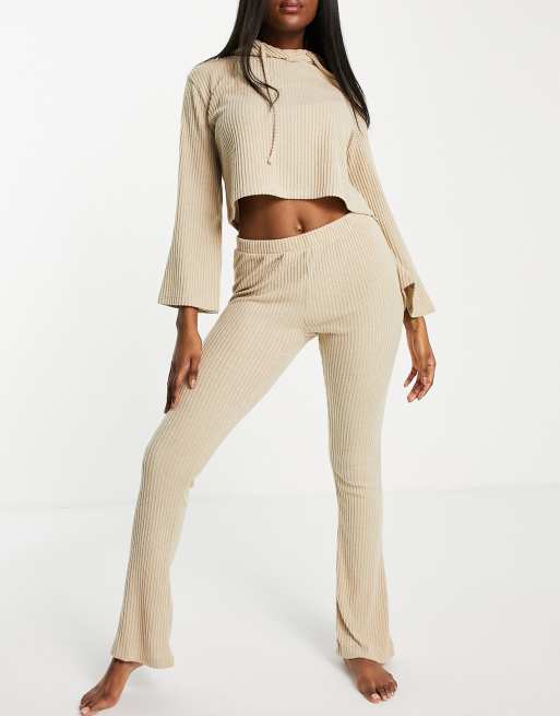 Chelsea Peers – Gerippter Kapuzenpullover aus weichem Jersey in Stein - CREAM