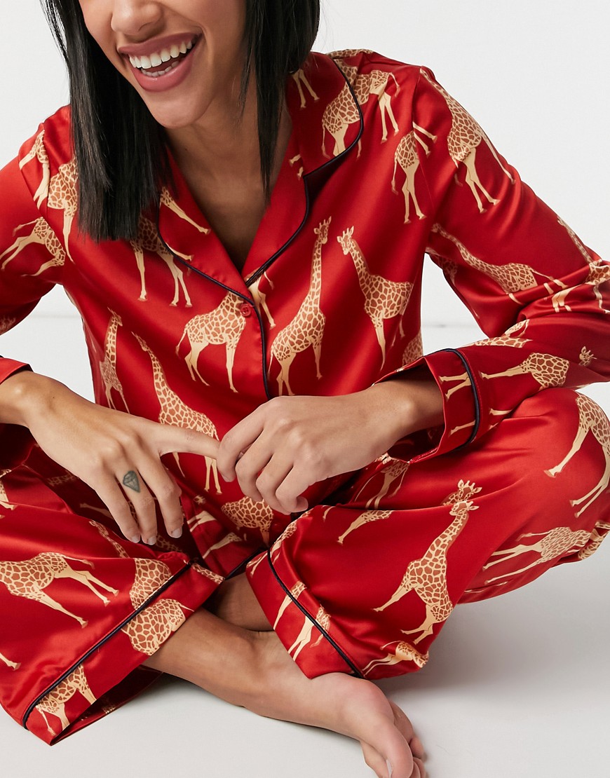 Chelsea Peers giraffe print shirt and pants pajama set in red