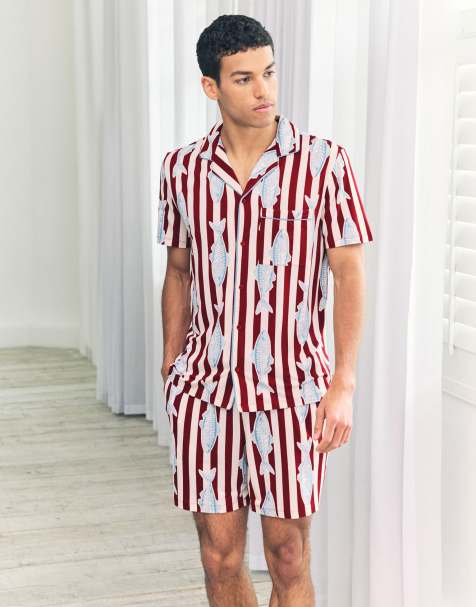Chelsea Peers Gone fishing stripe print short pyjama set in red - view 1