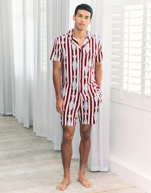 Chelsea Peers Gone fishing stripe print short pyjama set in red, 2 of 4