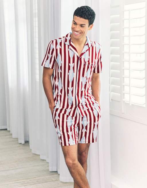 Chelsea Peers Gone fishing stripe print short pyjama set in red, 3 of 4
