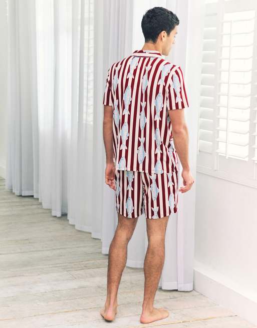 Chelsea Peers Gone fishing stripe print short pyjama set in red, 4 of 4