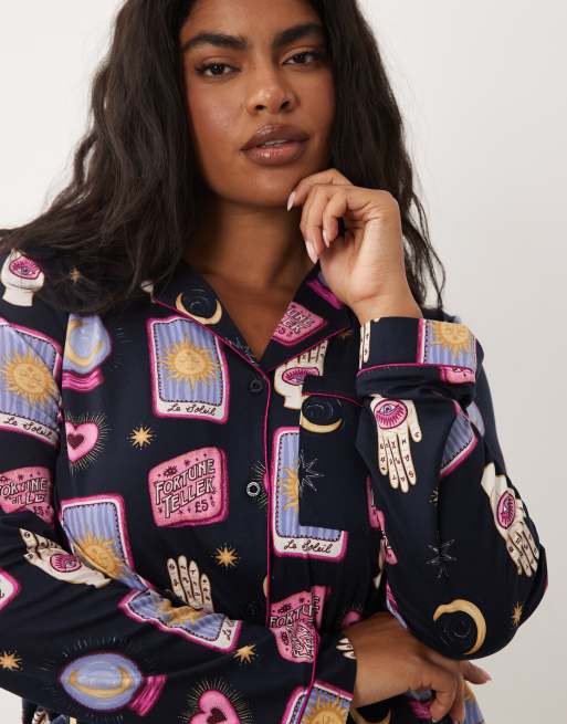 Chelsea Peers Halloween Curve long sleeve pyjama set in navy tarot card print, 2 of 4