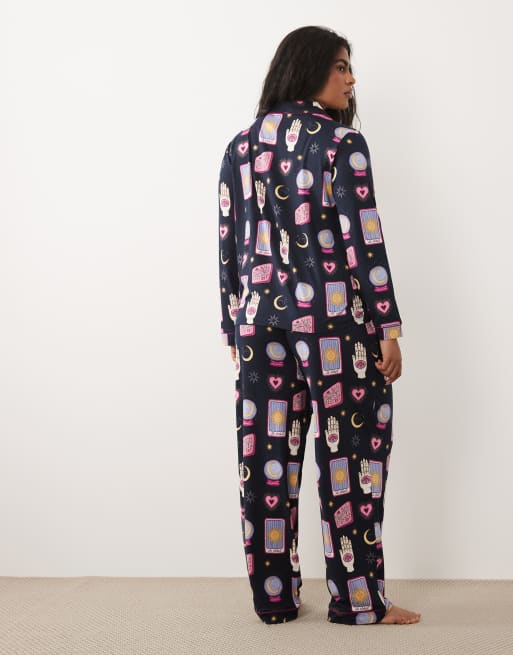 Chelsea Peers Halloween Curve long sleeve pyjama set in navy tarot card print, 3 of 4