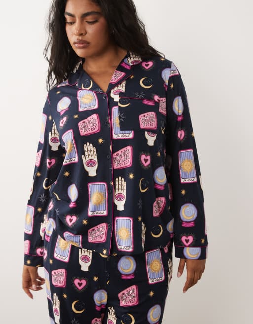 Chelsea Peers Halloween Curve long sleeve pyjama set in navy tarot card print, 4 of 4