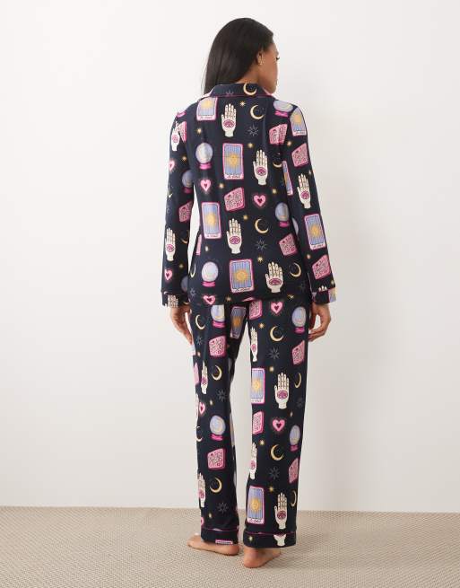 Chelsea Peers Halloween long sleeve pyjama set in navy tarot card print, 2 of 4