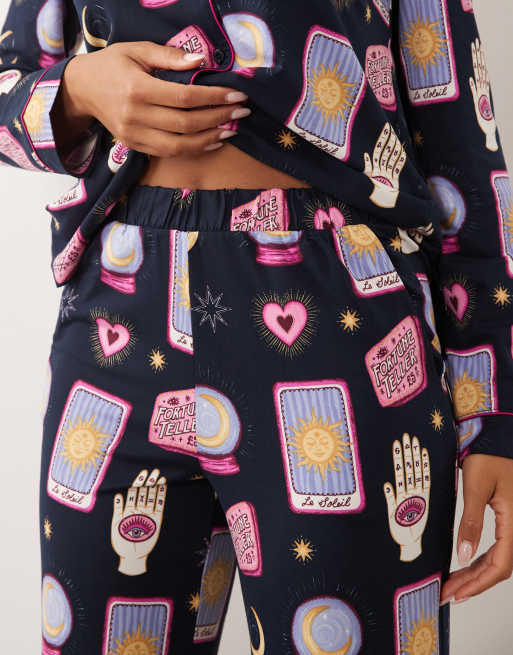Chelsea Peers Halloween long sleeve pyjama set in navy tarot card print, 3 of 4