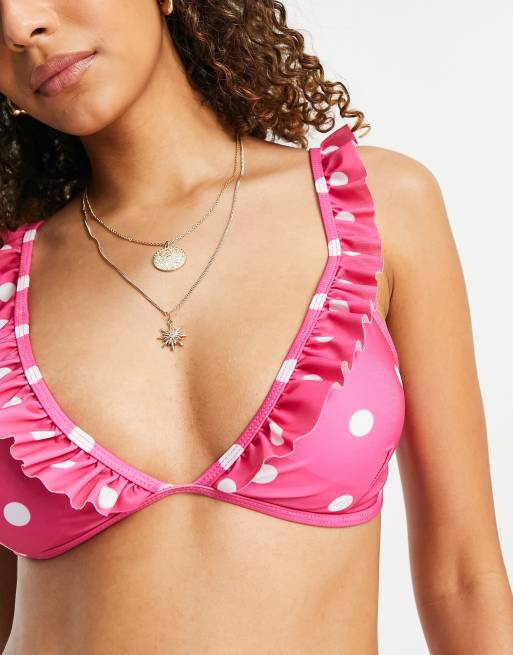 Chelsea Peers - Haut de bikini triangle à volants - Rose vif à pois, 3 de 4