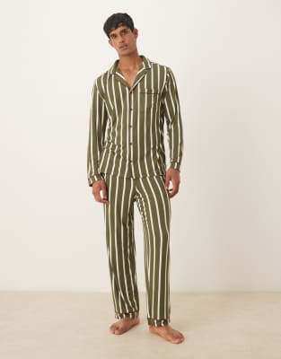 Chelsea Peers - His - Ensemble de pyjama en polyester rayé avec col à revers et manches longues - Kaki-Vert