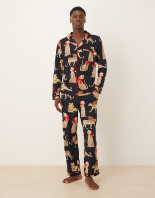 Chelsea Peers Chelsea Peers His & Hers poly long sleeve revere pyjama set in Christmas leopard print-Navy
