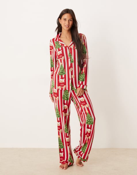 Chelsea Peers His & Hers poly long sleeve revere pyjama set in Christmas Teddy stripe print - view 1