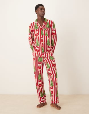 Chelsea Peers Chelsea Peers His & Hers poly long sleeve revere pyjama set in Christmas Teddy stripe print-Red