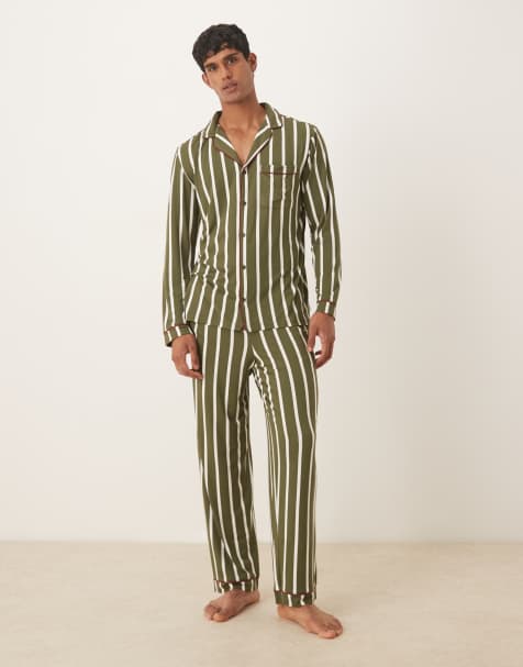 Chelsea Peers - His - Poly pyjamaset met revers en lange mouwen in kaki streep - view 1