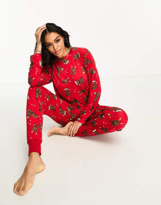 Chelsea Peers - His & Hers - Bunter Weihnachts-Pyjama mit Welpen-Printmuster-Rot