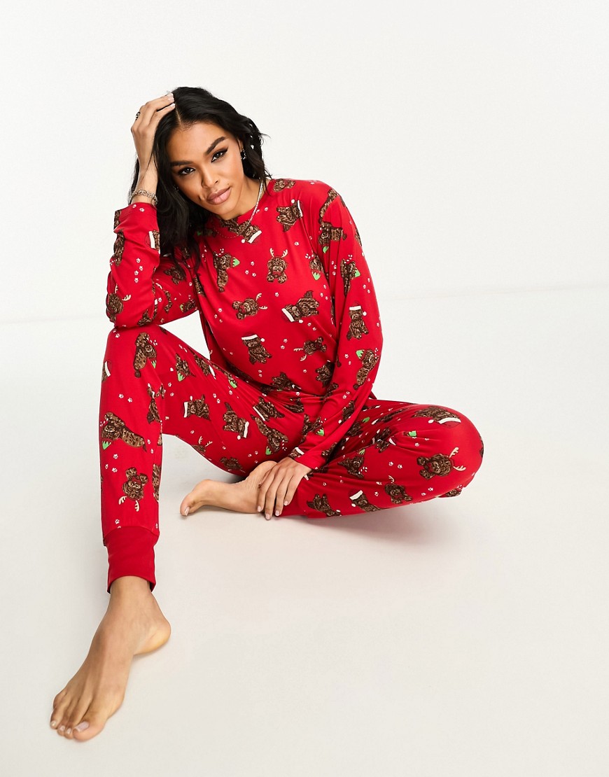 Chelsea Peers His & Hers Christmas puppy print pyjama set in multi-Red