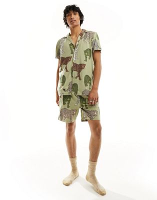 Chelsea Peers His&Hers oversized short sleeve shirt and short pyjama set in leopard print khaki - ASOS Price Checker